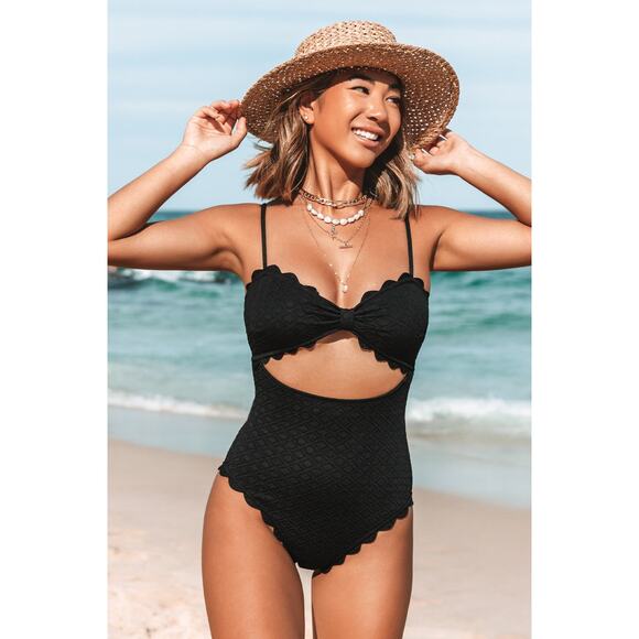 Cupshe Black Knotted Scalloped One Piece Swimsuit Medium - Picture 1 of 7